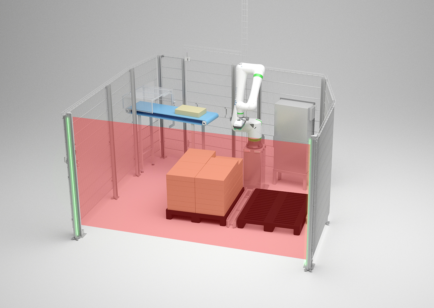 Depalettierer im Speed-Modus für die Industrielle Anwendung mit 3D Kamerasystem und geschützten Zäune